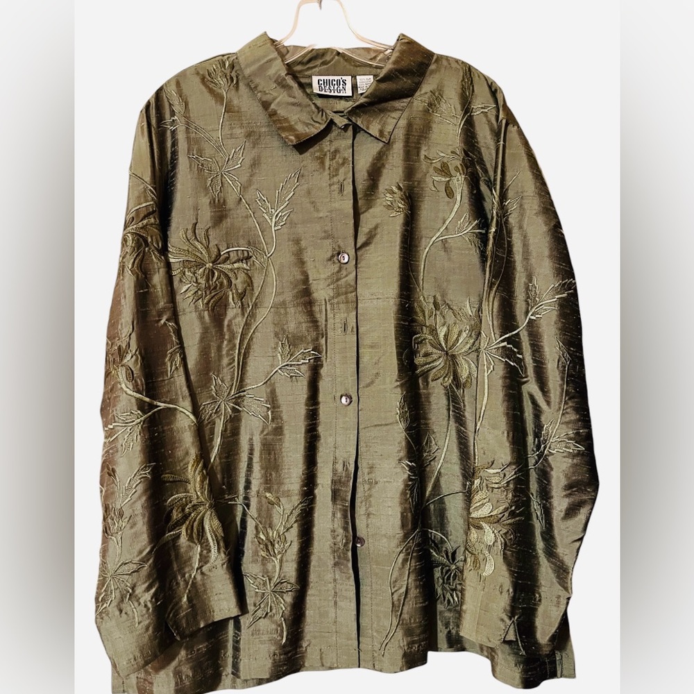 Silk Chico’s Button-Down Embroidered Shirt